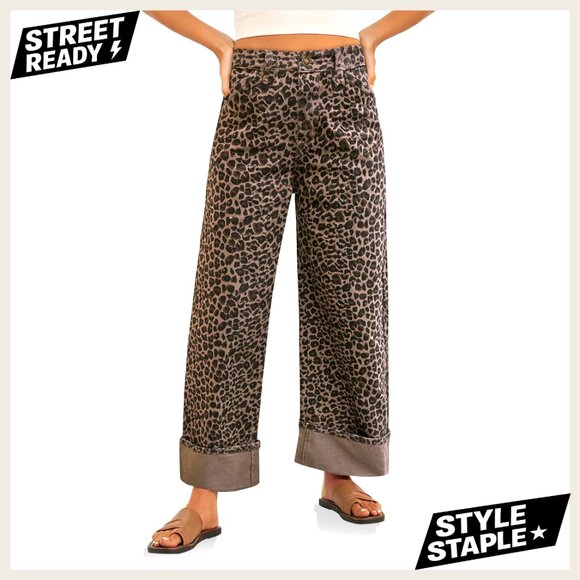 Denim - Wide Leg Boyfriend Jeans High Waisted Cuffed Denim Pants with Pockets